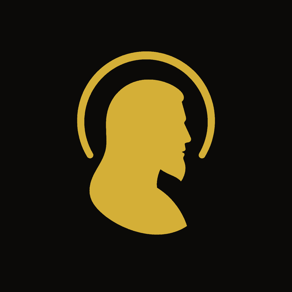 JesusAI brand mark — minimal gold side-profile silhouette with a halo